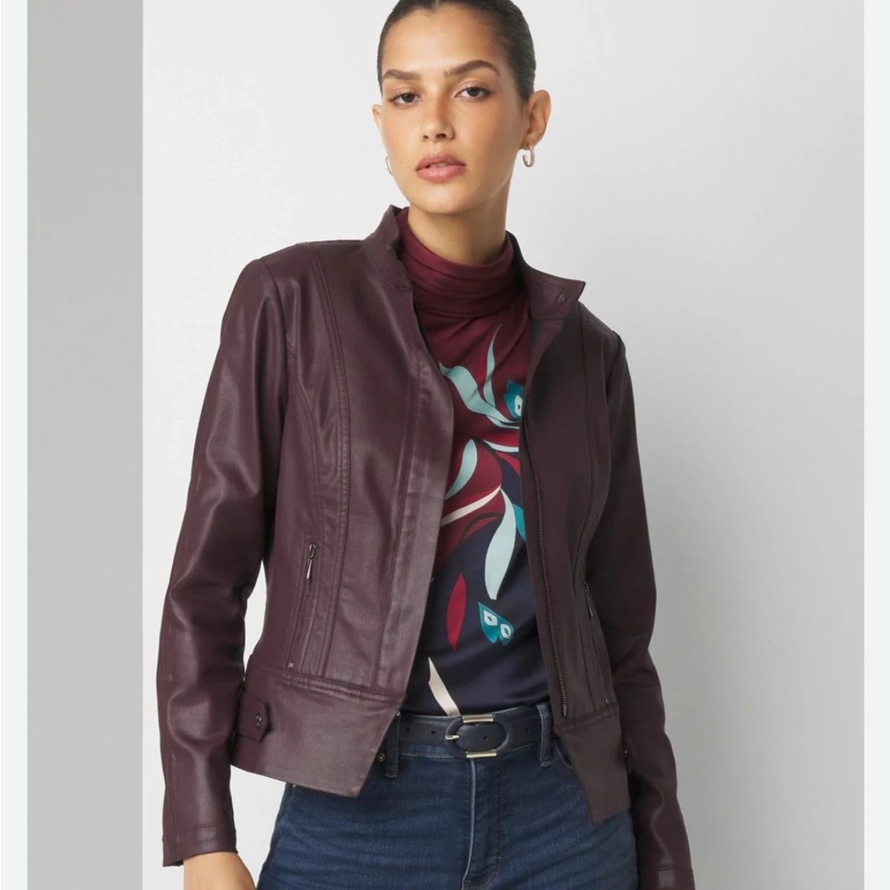 White House Black Market Deep Burgundy Coated Moto Biker Jacket